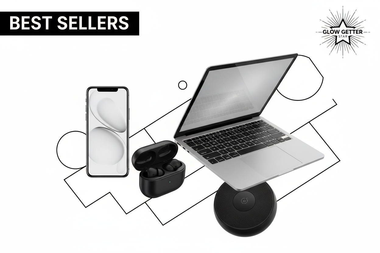 Minimal premium tech collage in black and white aesthetic, clean modern layout, Glow Getter Star style, Best Sellers banner